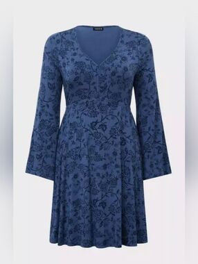 TORRID Blue Floral Jersey Knit Bell Sleeve Skater Dress SIZE 1 / 1X